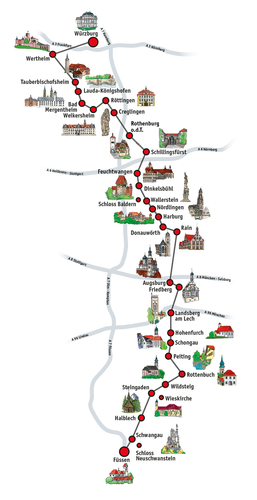 Karte mit 29 Orten an der Romantischen Straße